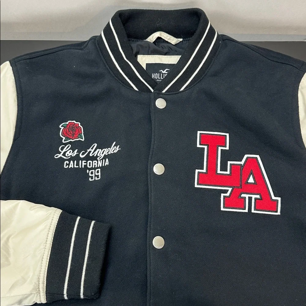 Hollister LA Varsity Bomber Jacket‎ Black Cream Size Large Snap Front Streetwear
